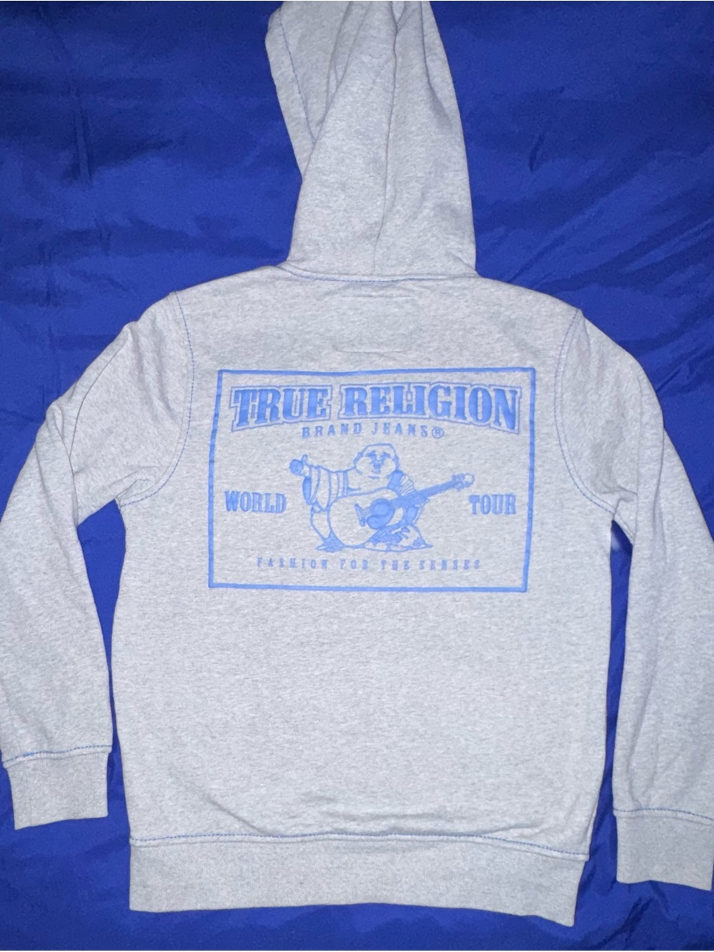 True Religion Light Gray Zip Hoodie with Blue Back Logo